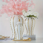 Elegant Luxury Ginger Jar Ceramic Vase WHITE w Gold Accents